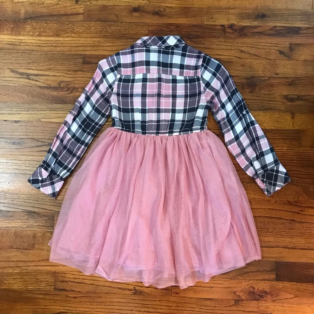 Girls Justice Pink / Black Plaid & Tulle Dress Size Medium 7 / 8 100% Polyester